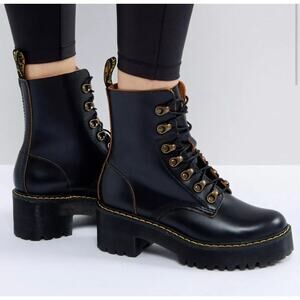 DR MARTENS Leona Heeled Platform Combat Boots Black 7